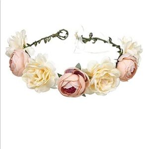 Floral headpiece. One size. Ties in back. Peachy Blush and champagne coloring.